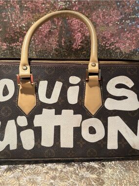 Designer-Inspired Brown Monogram Satchel with Cream Graffiti Accents